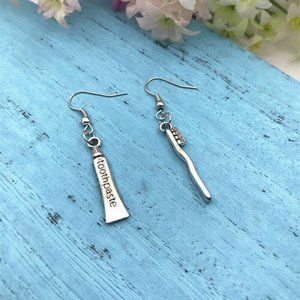 Toothbrush & Toothpaste Silver Earrings